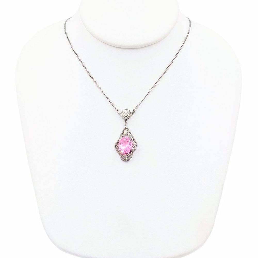 Art Deco Pink Glass Sterling Silver Filigree Drop Pendant Necklace, Vintage 1930